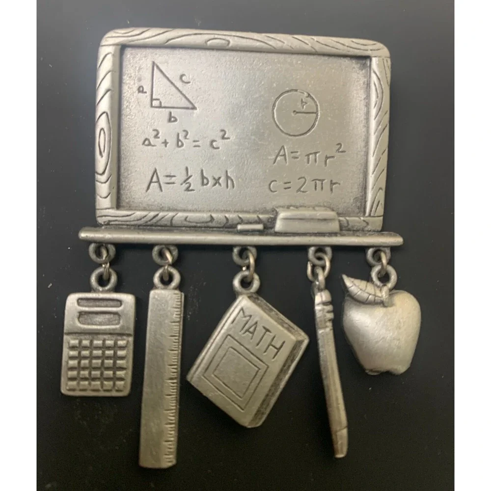 Vintage JJ Signed Silver Chalkboard Brooch Pin School Math Teacher Charms Pewter